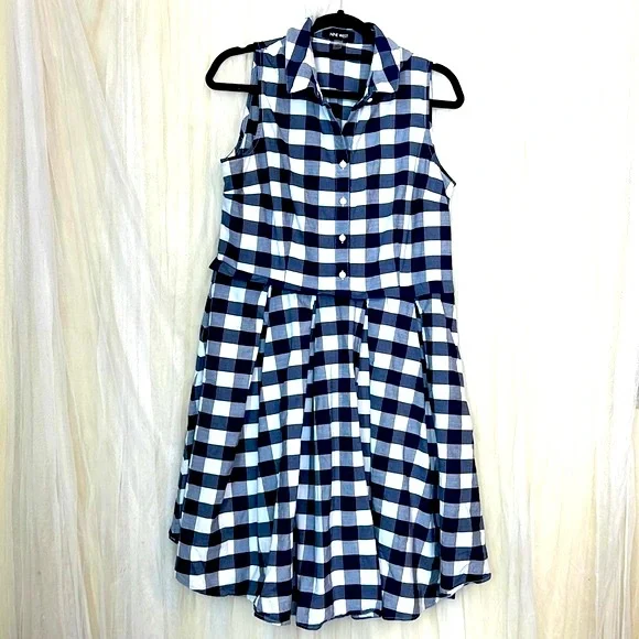blue grey dress pants Red & Powder Blue Checked Swing Dress – Welle Studio main image 0